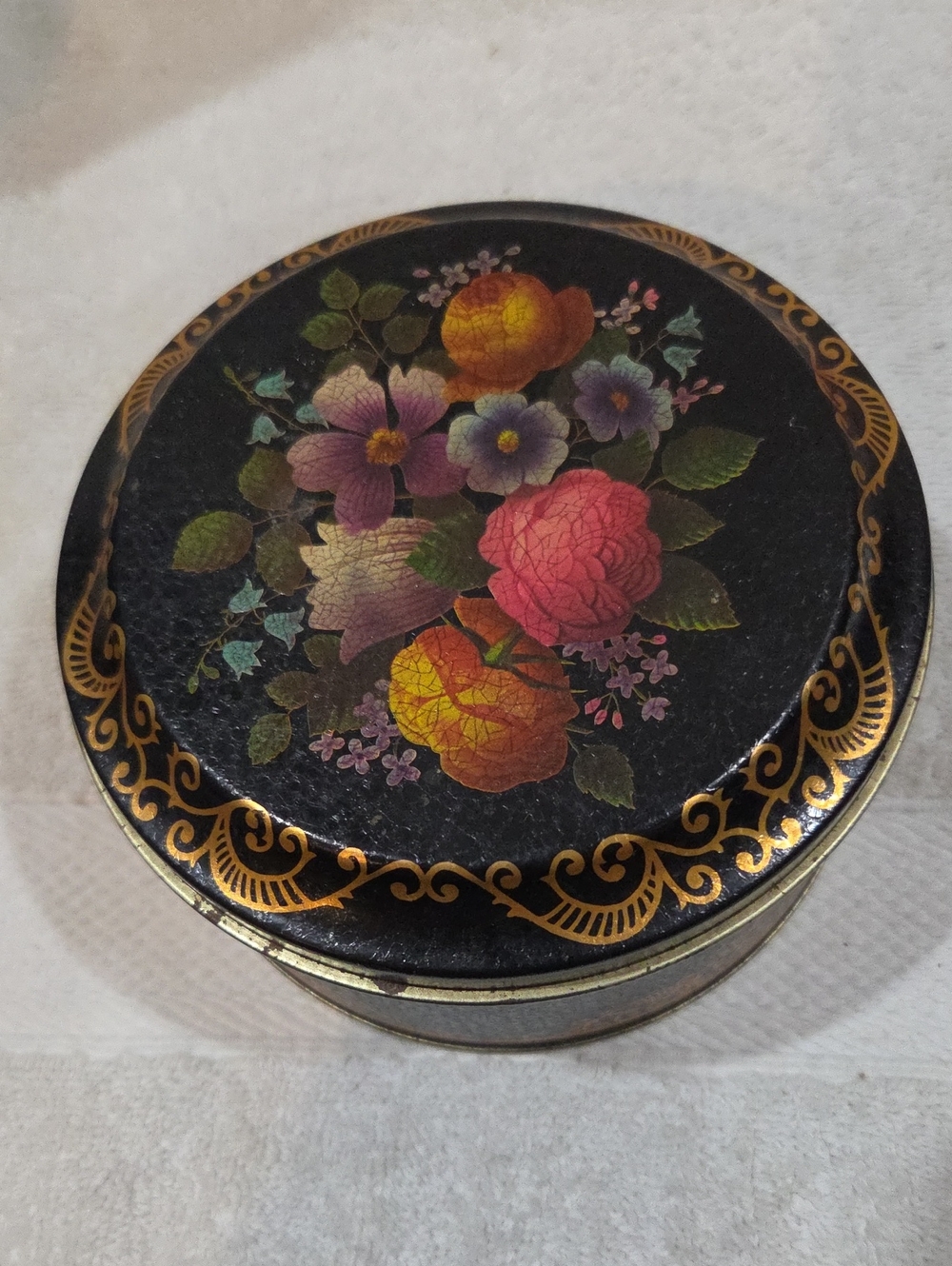 Decorative Floral Black Round Tin Box - Vintage Style